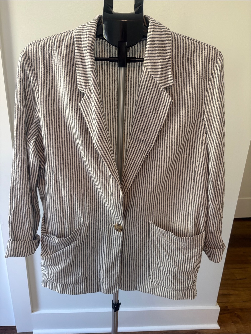 a new day Black & White Striped Relaxed Linen Blazer